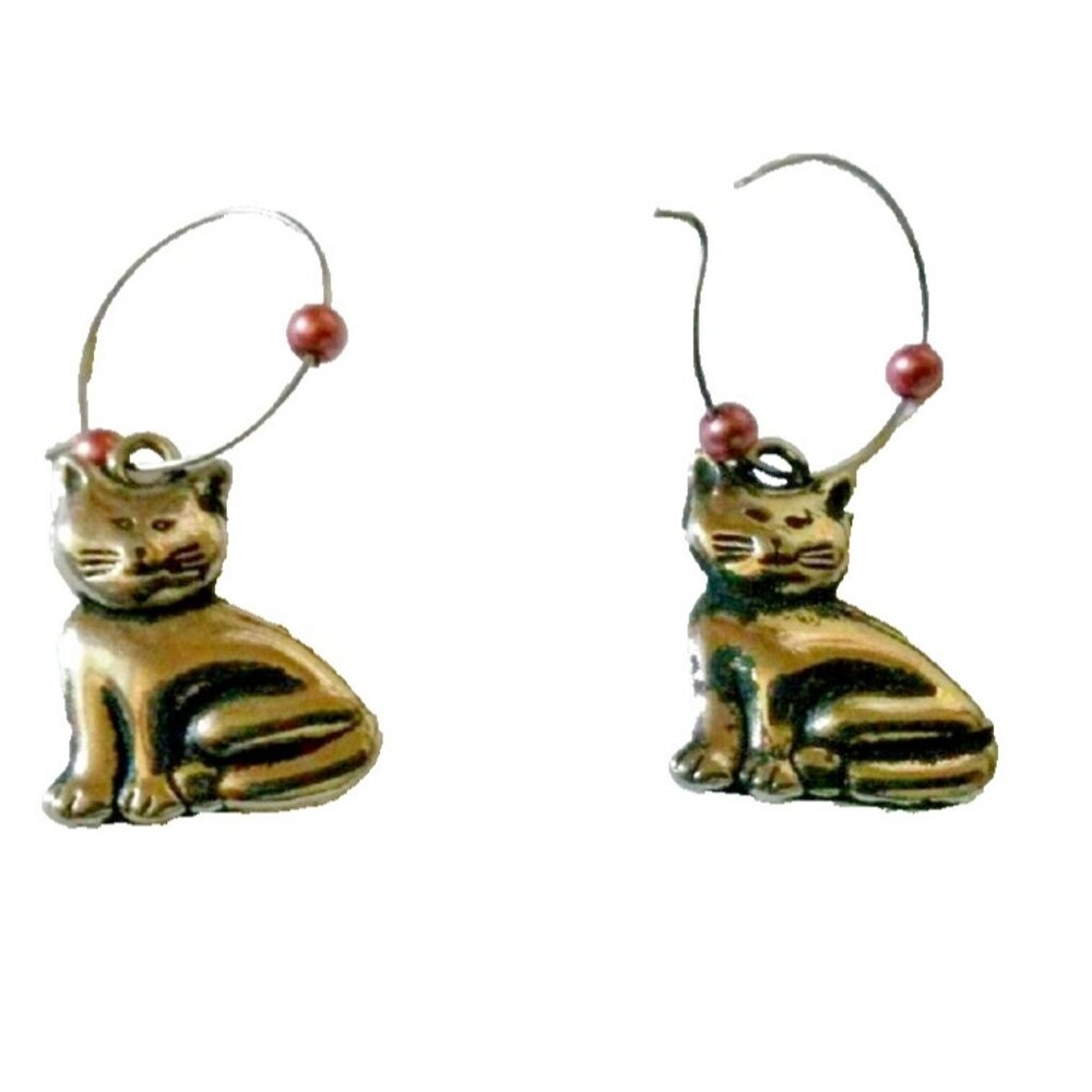 Cute silver tone loop dangle cat kittens earrings